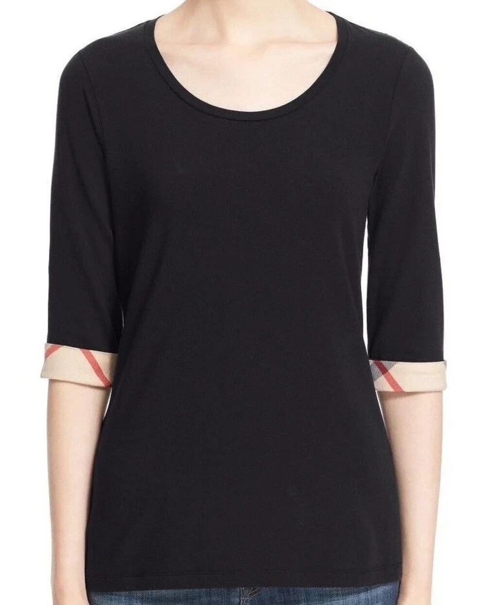 Burberry Brit Nova Check Cuff 3/4 Sleeve Tee Top Damson *In Plum* Medium